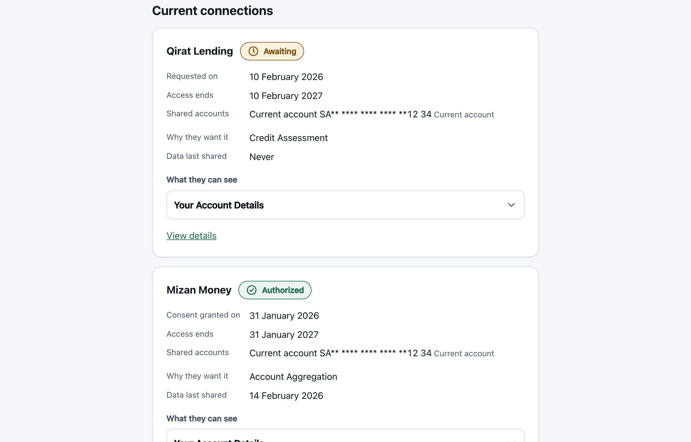 Consent dashboard listing the companies a customer has allowed, with status and a revoke path