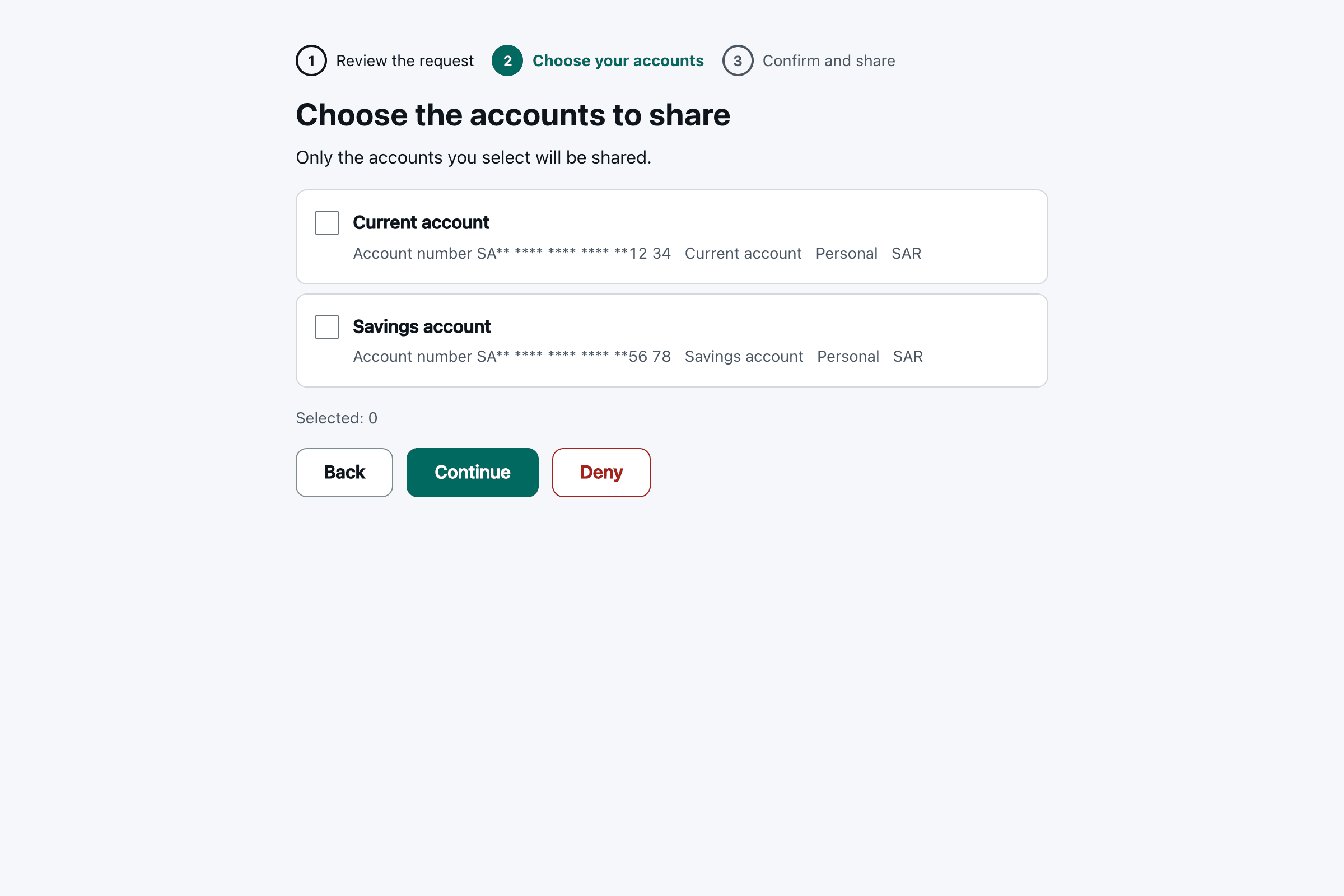 Consent journey, step two: choose which accounts to share, with masked account numbers