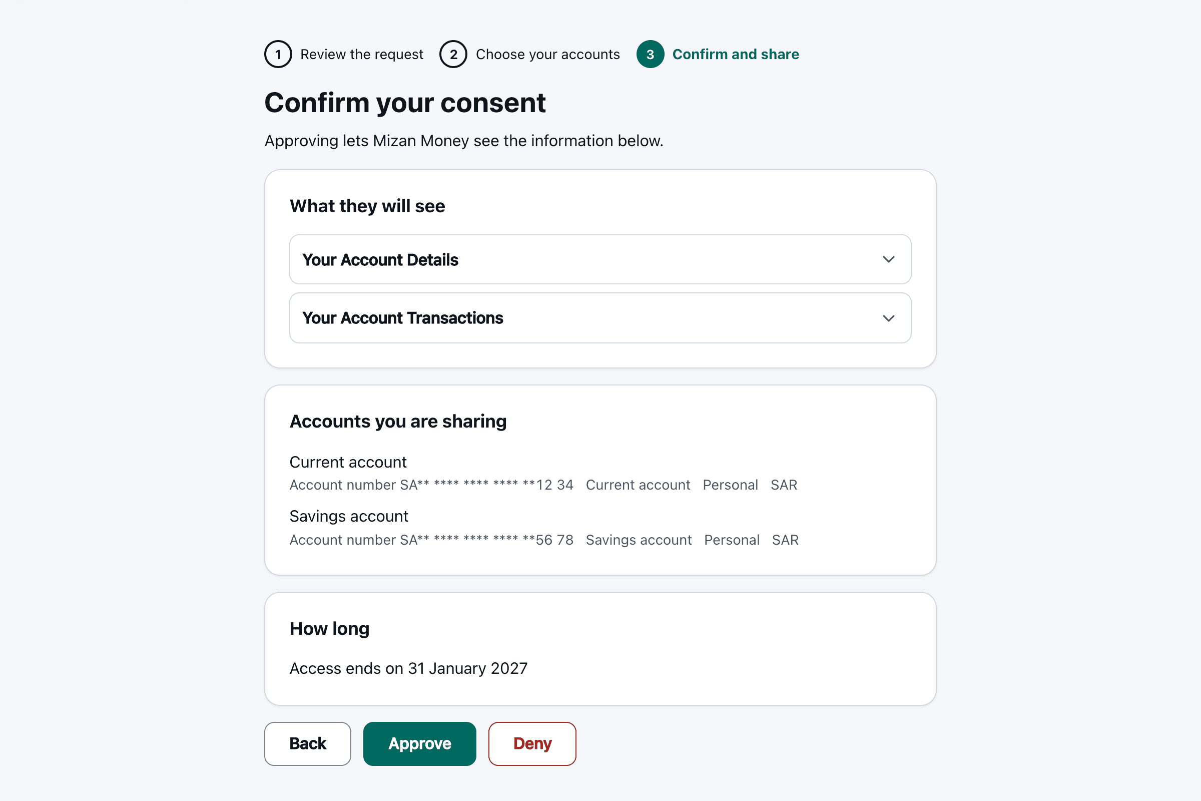 Consent journey, step three: confirm the permissions, accounts and duration before approving