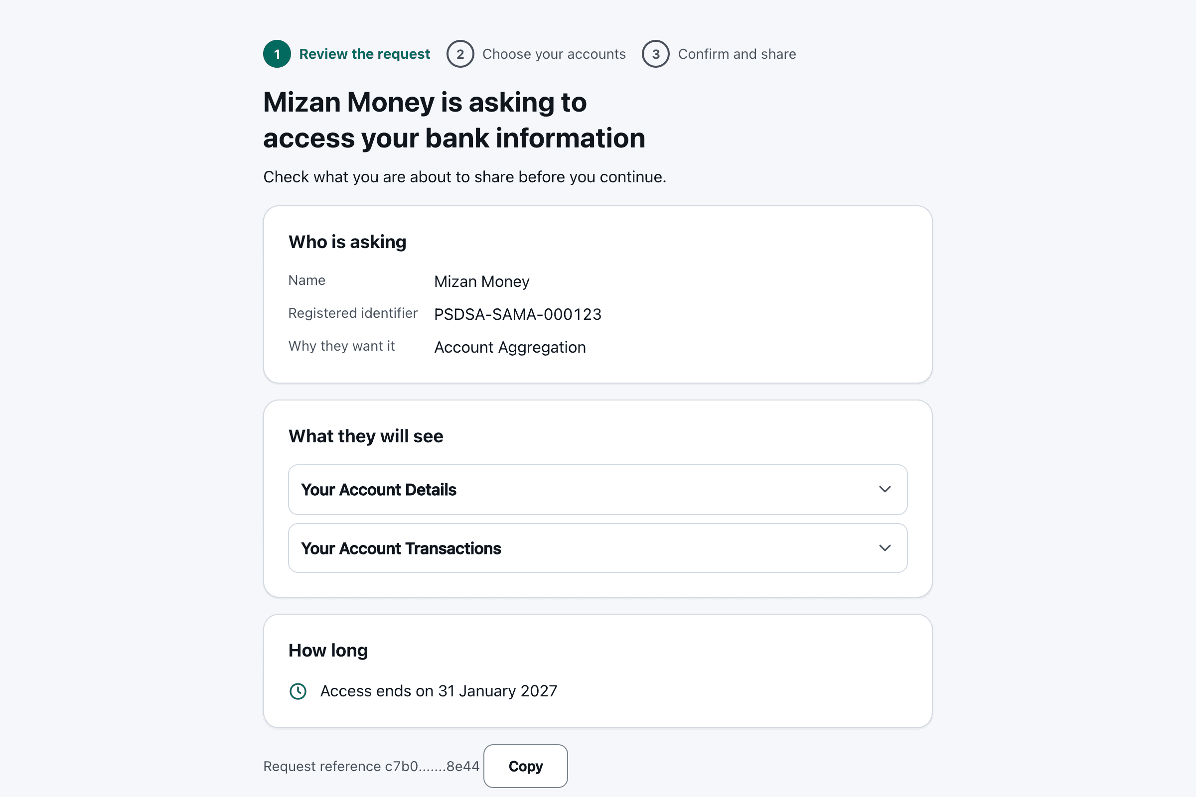 OBConnect consent journey, step one: review who is asking, what they will see and for how long